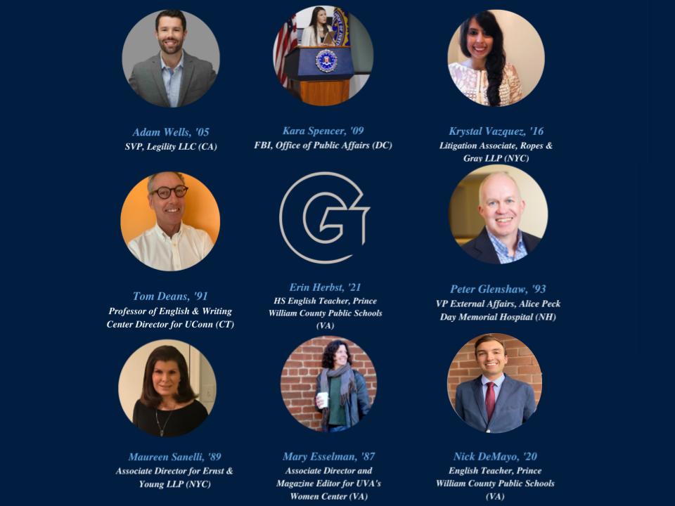 Featured alumni speakers: Adam Wells '05, Kara Spencer '09, Krystal Vazquez '16, Tom Deans '91, Erin Herbst '21, Peter Glenshaw '93, Maureen Sanelli '89, Mary Esselman '87, Nick DeMayo '20.