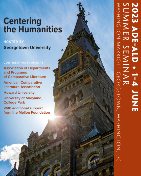 Image is a pdf of the conference program, showing the sun shining just above the stone steeple of Healy Hall.