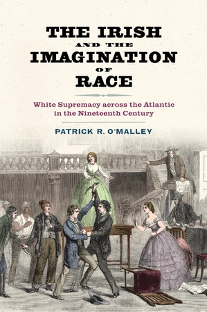 Book cover with title and image of nineteenth-century men fighting in front of woman in a green dress standing on a table