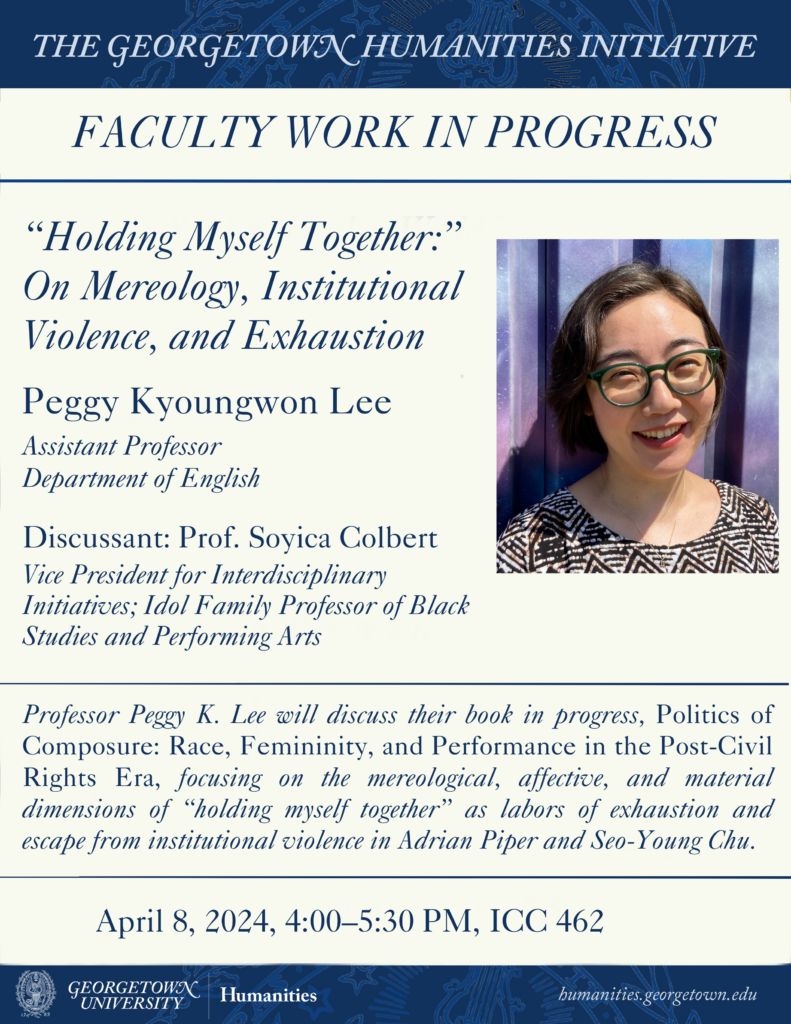 Georgetown Humanities Initiative event poster features details of Professor Peggy Lee's talk and a photo of her smiling.