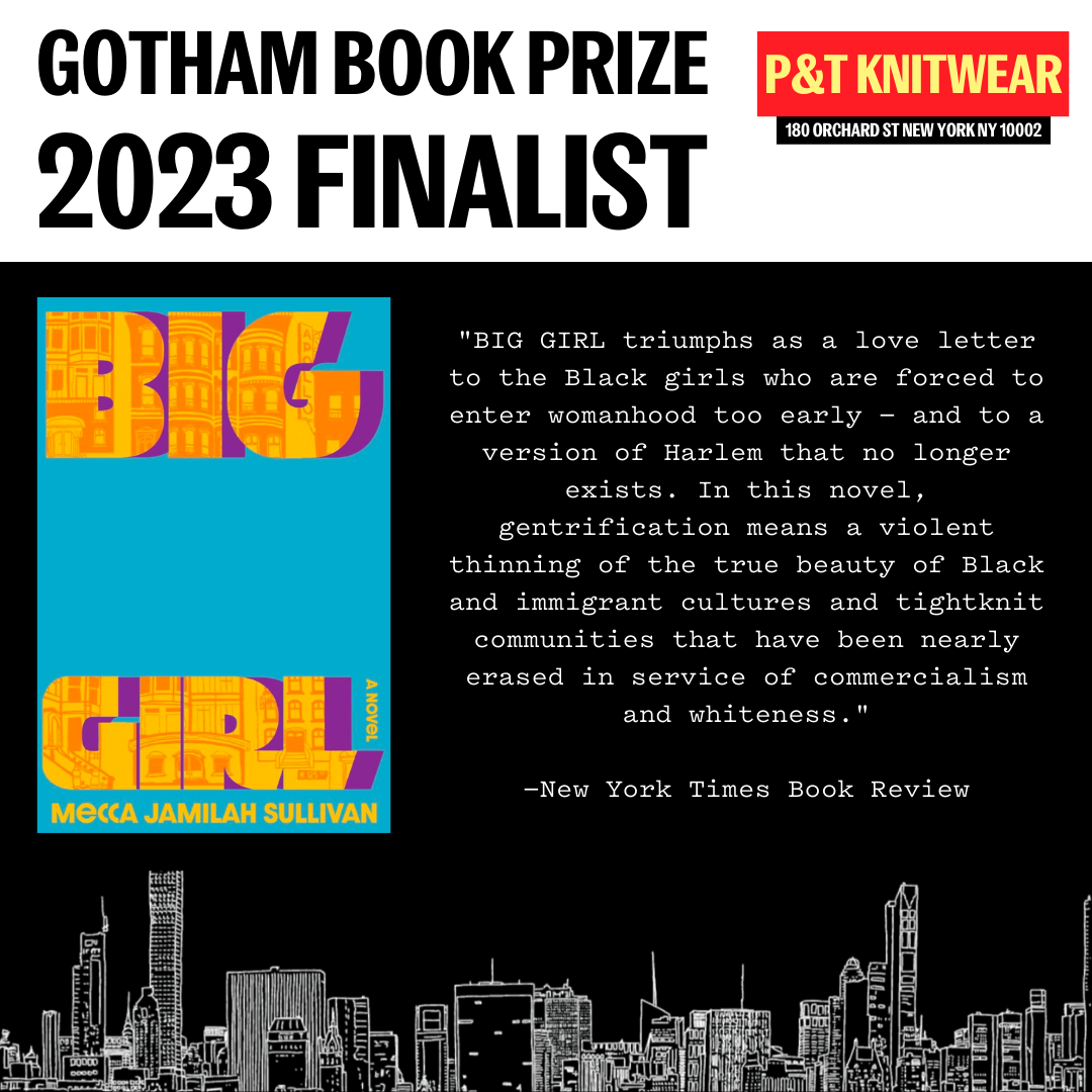 Square image of BIG GIRL cover (bright blue with yellow lettering) beside text of review of BIG GIRL against black.