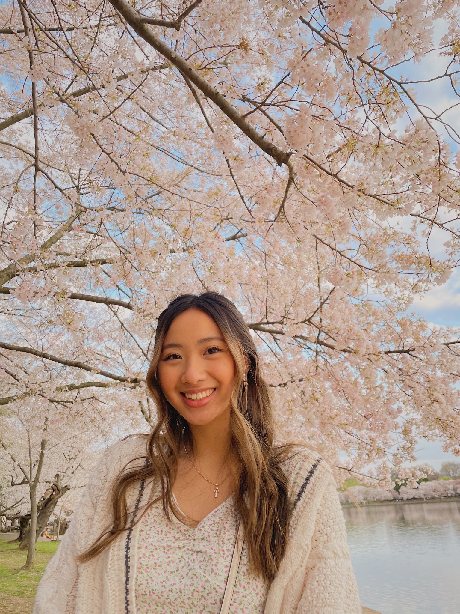 Josephine Wu underneath the pink/white flowers of the tidal basin cherry blossoms.