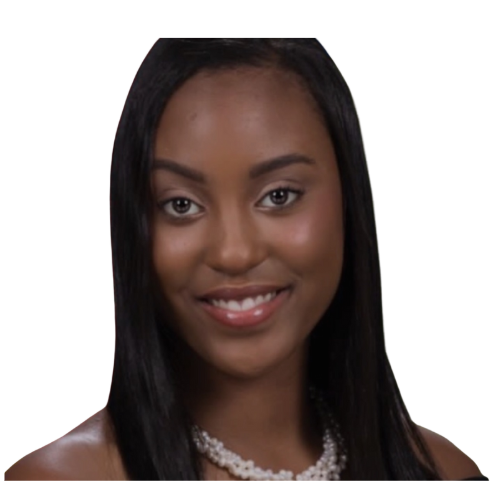 Logan, a Black woman with long, dark, straight hair wears a pearl necklace and smiles at the viewer.
