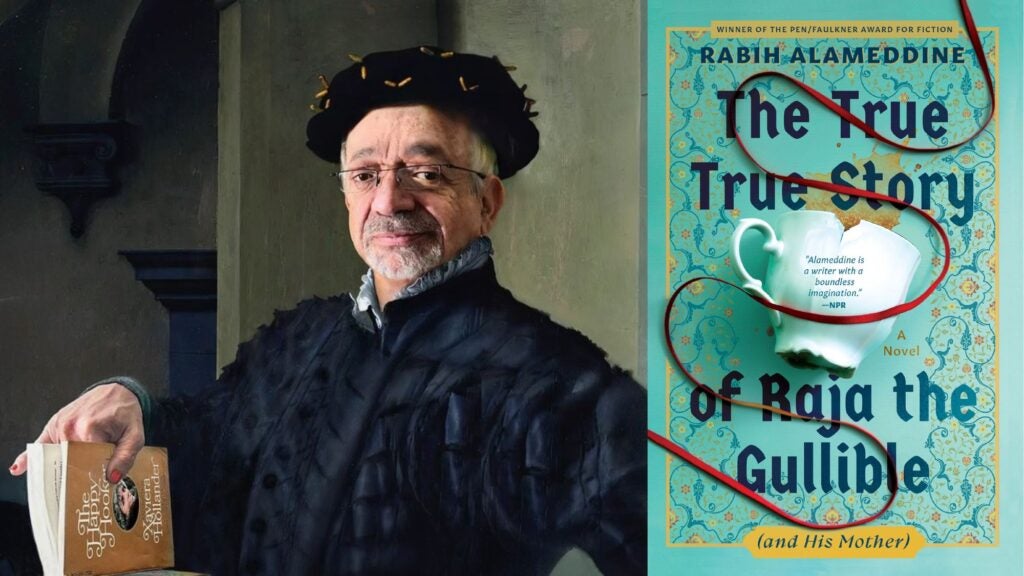 Painting of Rabih Alameddine holding a copy of The Happy Hooker. Cover of The True True Story of Raja the Gullible.