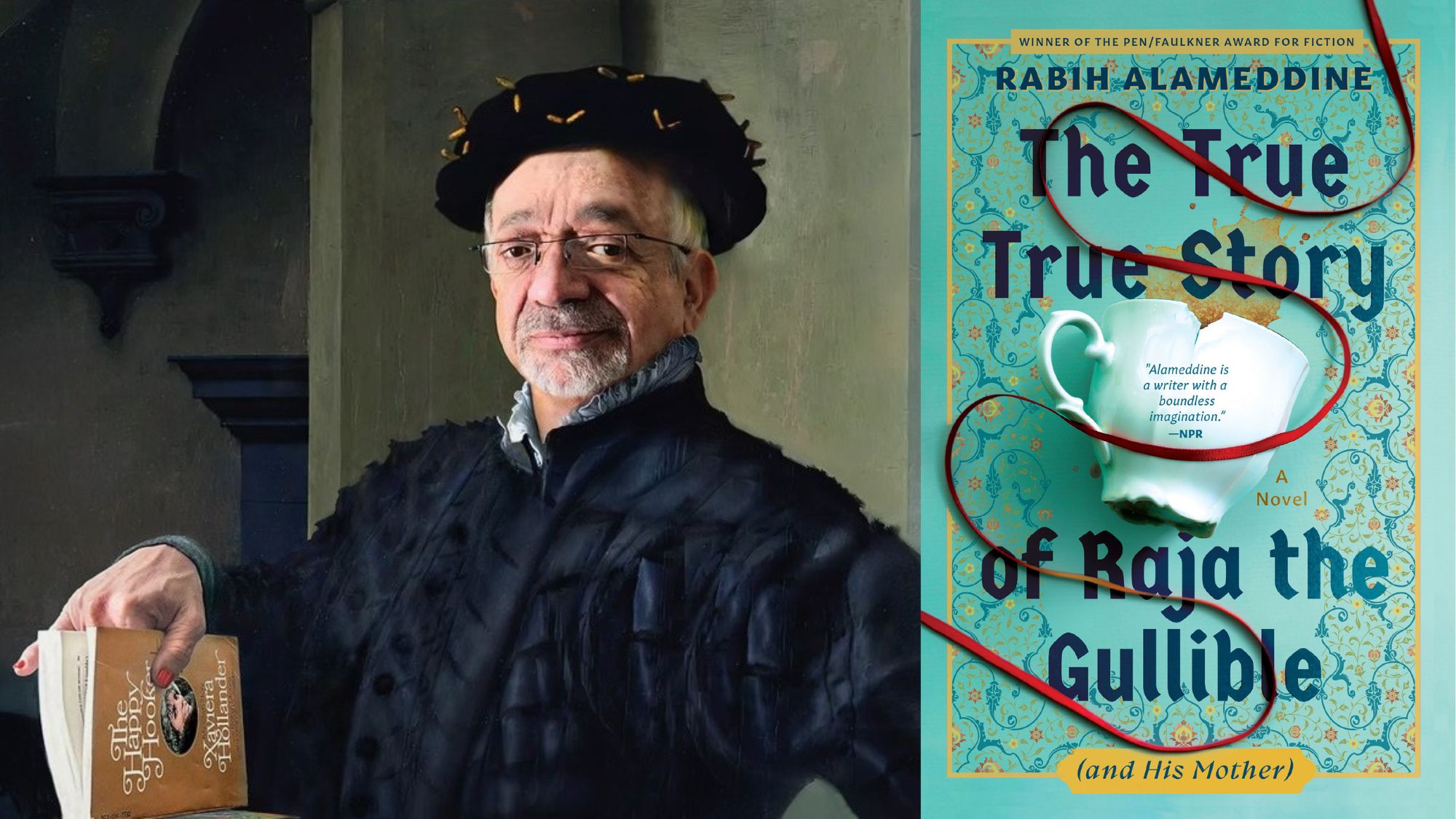 Painting of Rabih Alameddine holding a copy of The Happy Hooker. Cover of The True True Story of Raja the Gullible.